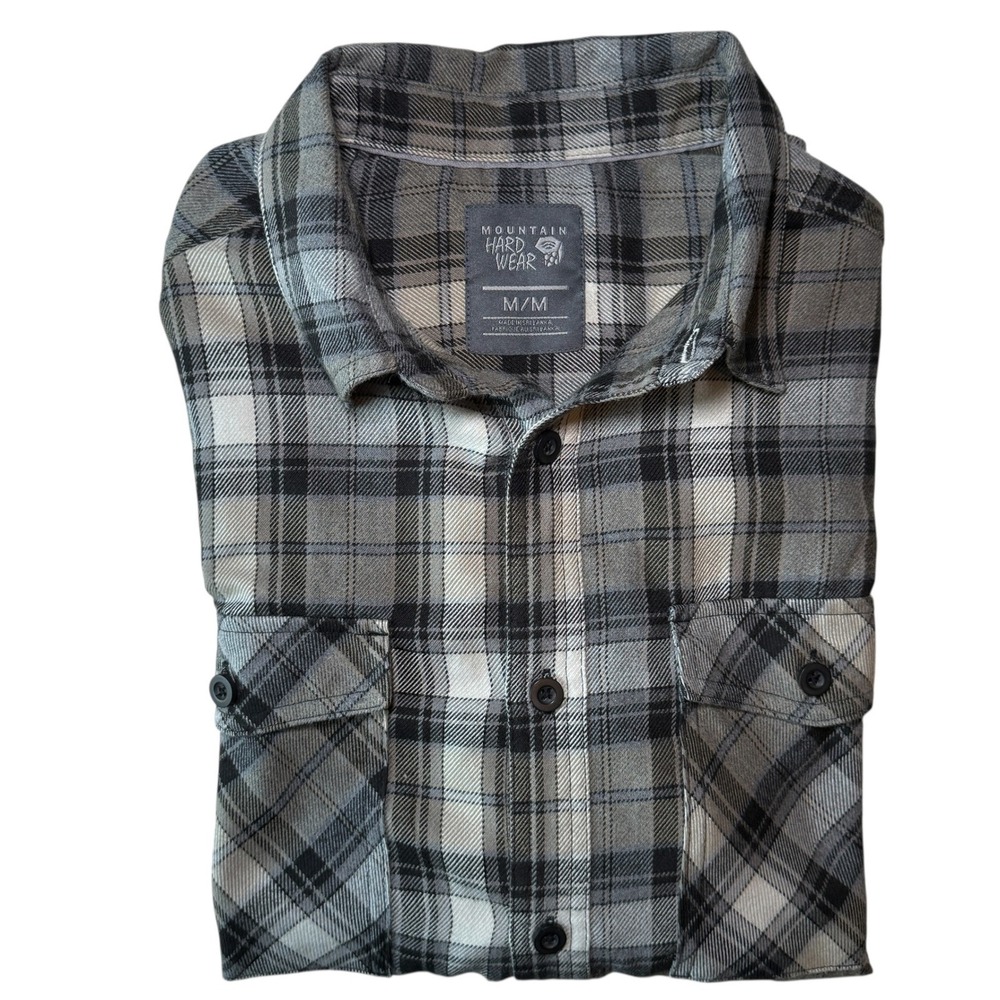 Mountain Hardwear Plaid Flannel Shirt Men's M Gray Black Long Sleeve Button Up